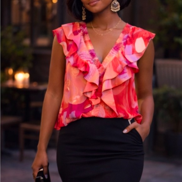 Tops - Pink Orange Purple Ruffle Summer Deep V- Neck Top Size Medium